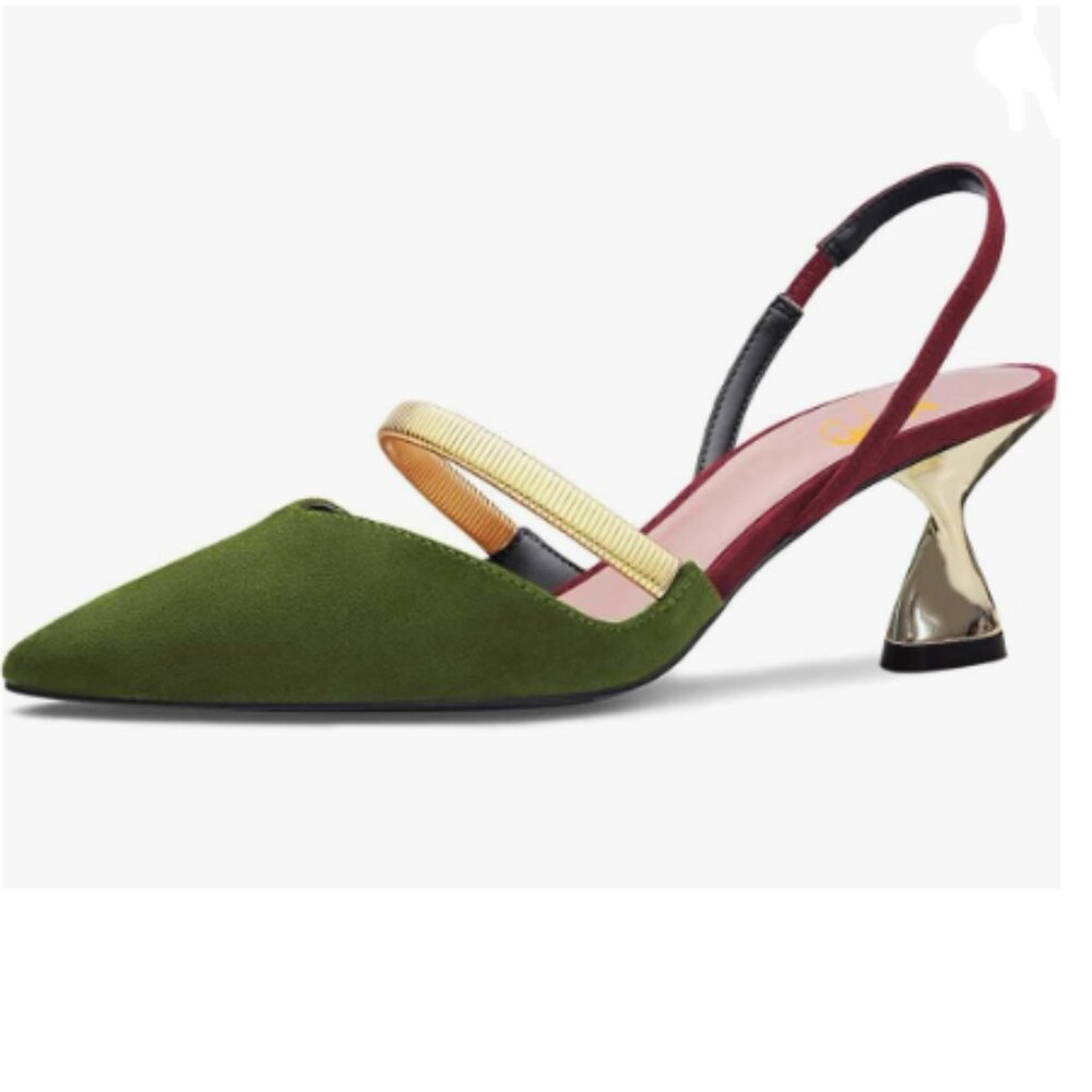 XYD Green-wine Pointed Toe Slingback Sandals Mid Golden Heel Pull On Pumps
